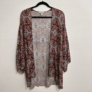 Allison Terracotta Leoni Kimono Wrap Short Sleeve Brown Ikat Floral Sz M/L Boho